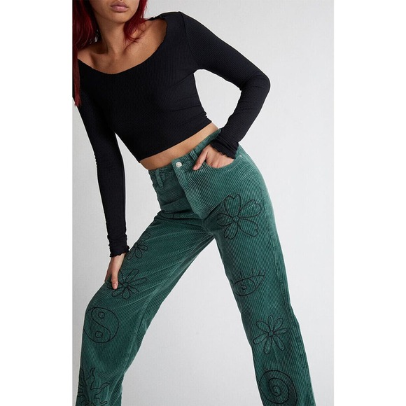 NWT PacSun Green Corduroy Embroidered Boyfriend Jean Doodle Baggy Womens Size 28 - Picture 14 of 16